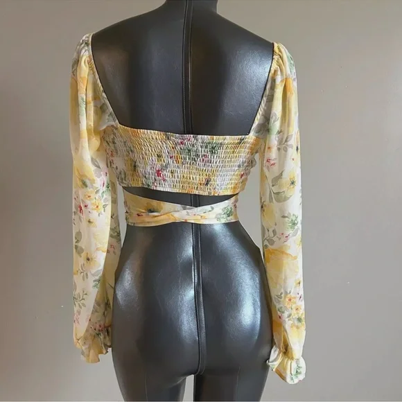 Sheer Floral Bloom Chiffon Crop Top Y2K True Wrap Yellow Romantic Milkmaid - Picture 4 of 10